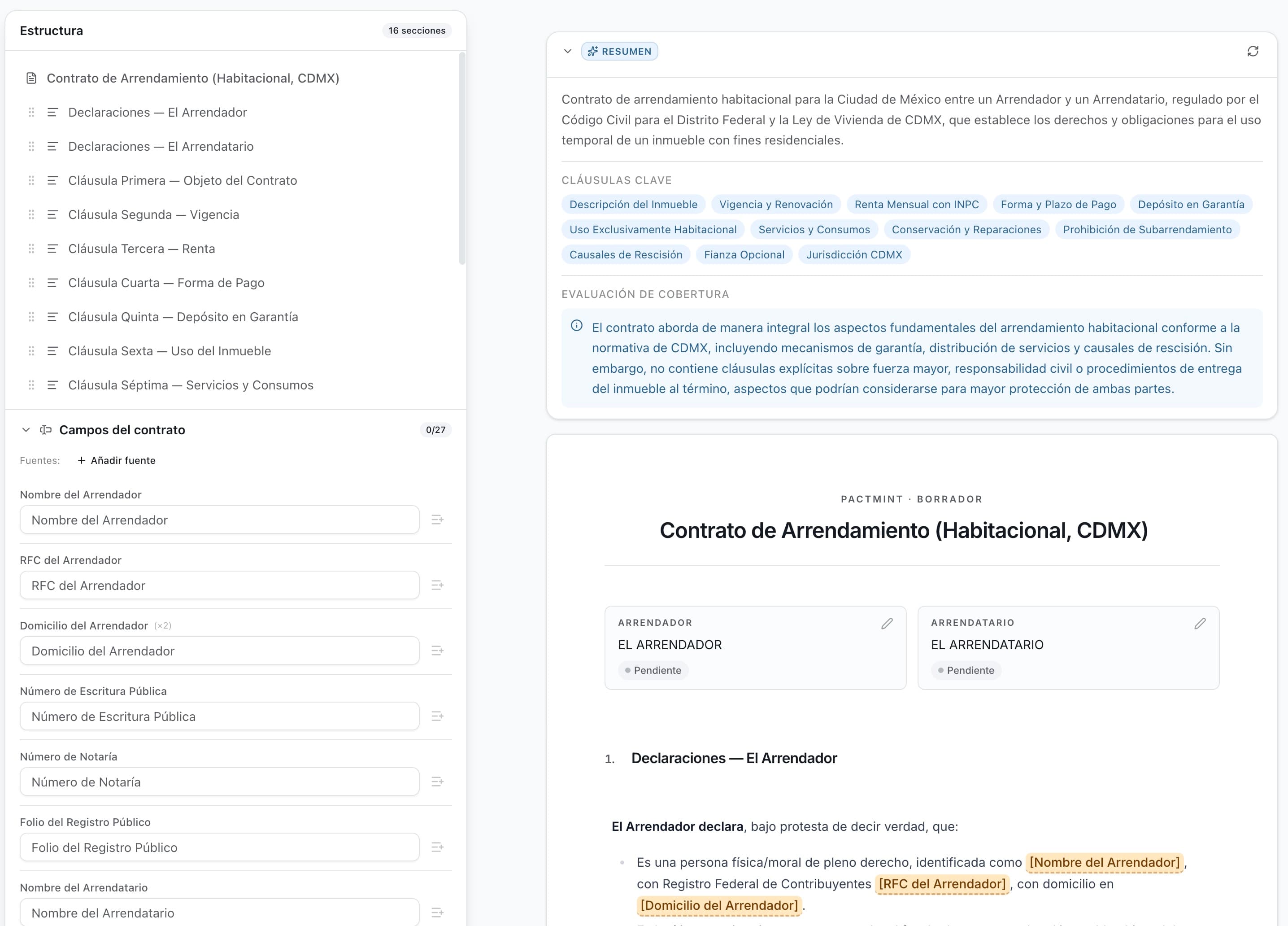 Captura del editor de Pactmint mostrando un contrato de arrendamiento.